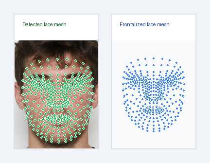 Original face mesh next to the frontalized face mesh