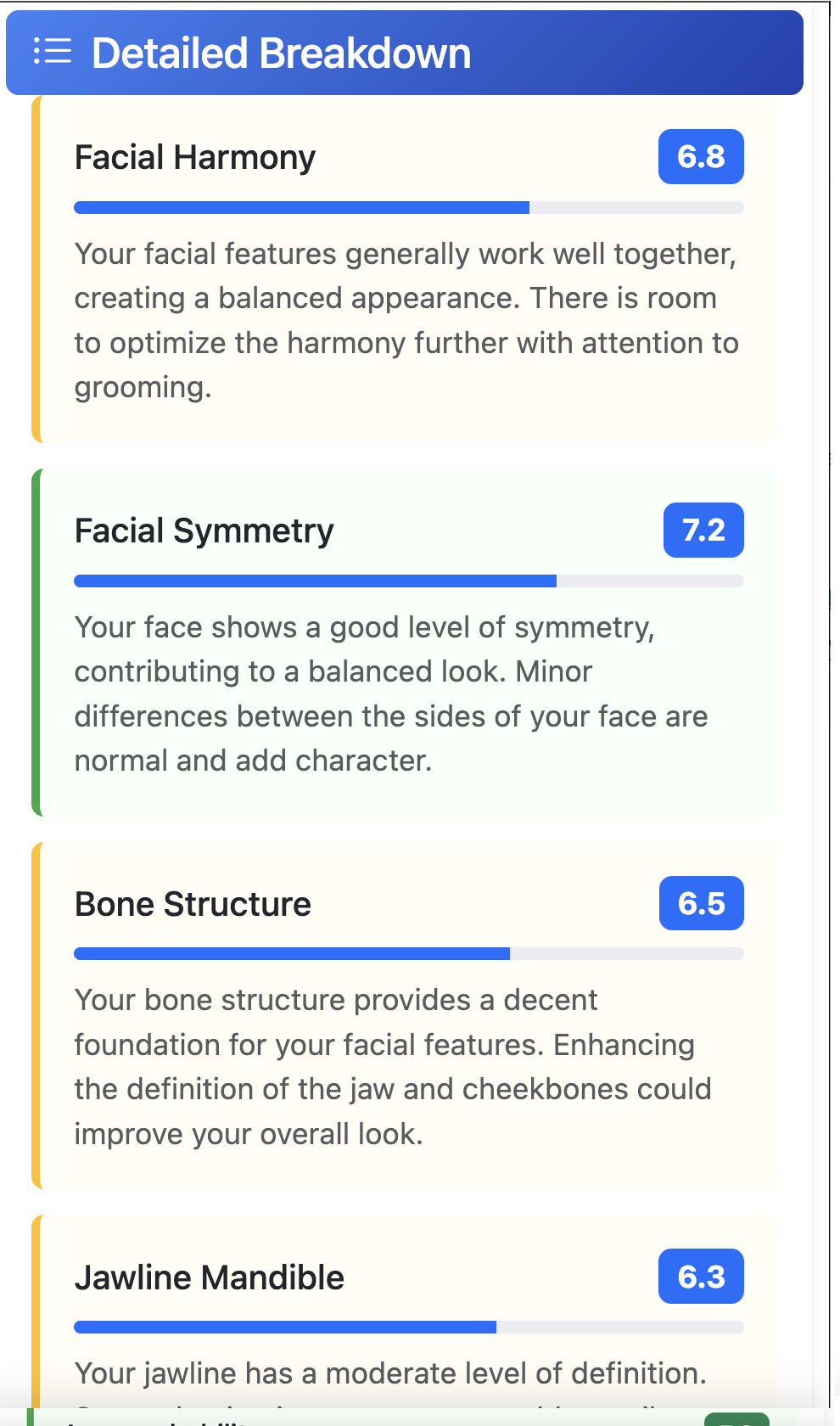 Attractiveness AI PRO screenshot showing detailed facial metric scores