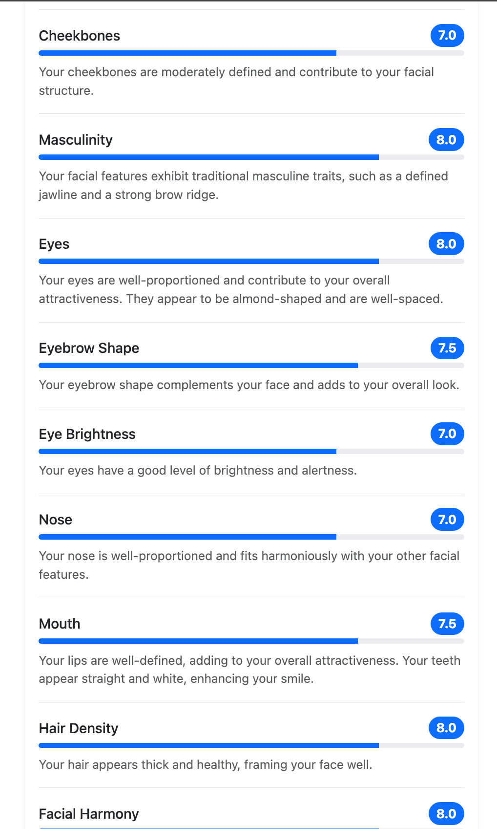 Attractiveness AI PRO screenshot showing detailed facial metric scores