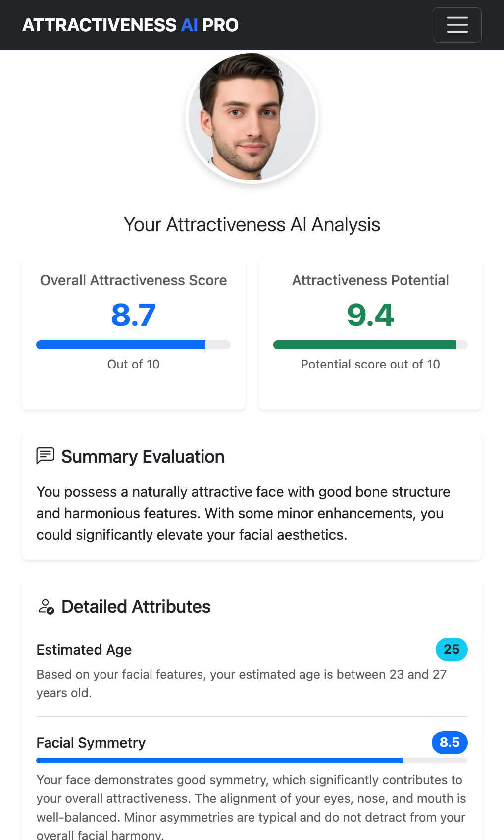 Attractiveness AI PRO screenshot displaying overall score and potential rating