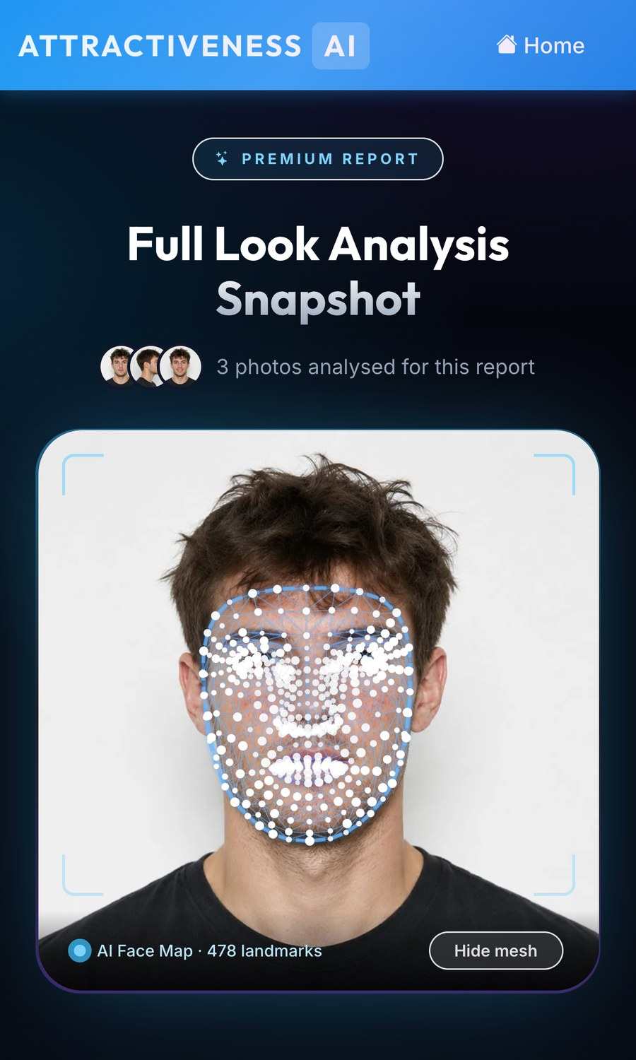 Attractiveness AI report mapping 478 facial landmarks onto an uploaded photo
